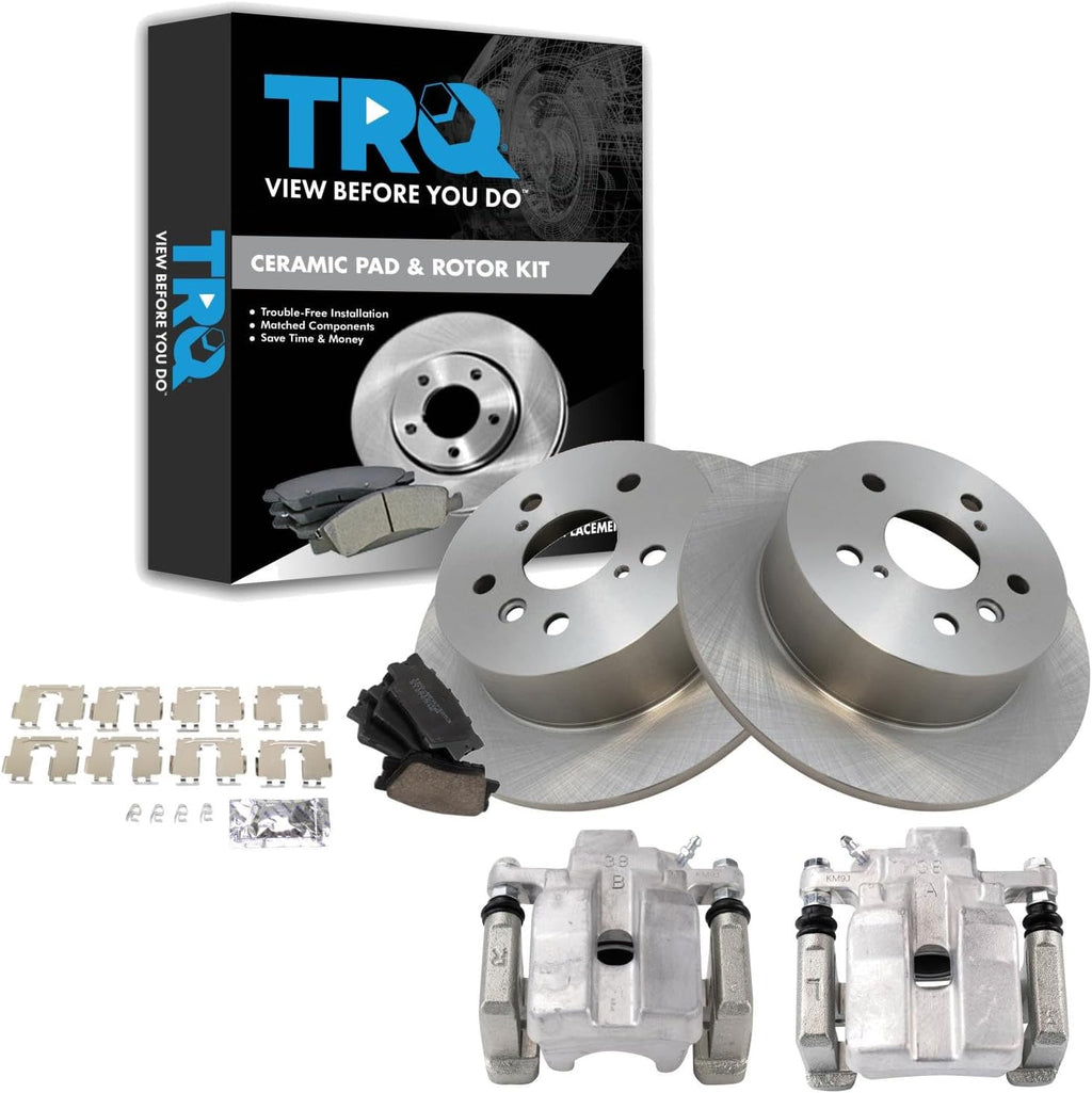 TRQ Rear Brake Pad and Rotor Set Ceramic Solid Rotors Calipers Compatible with 2012-2017 Toyota Camry 2013-2015 Avalon
