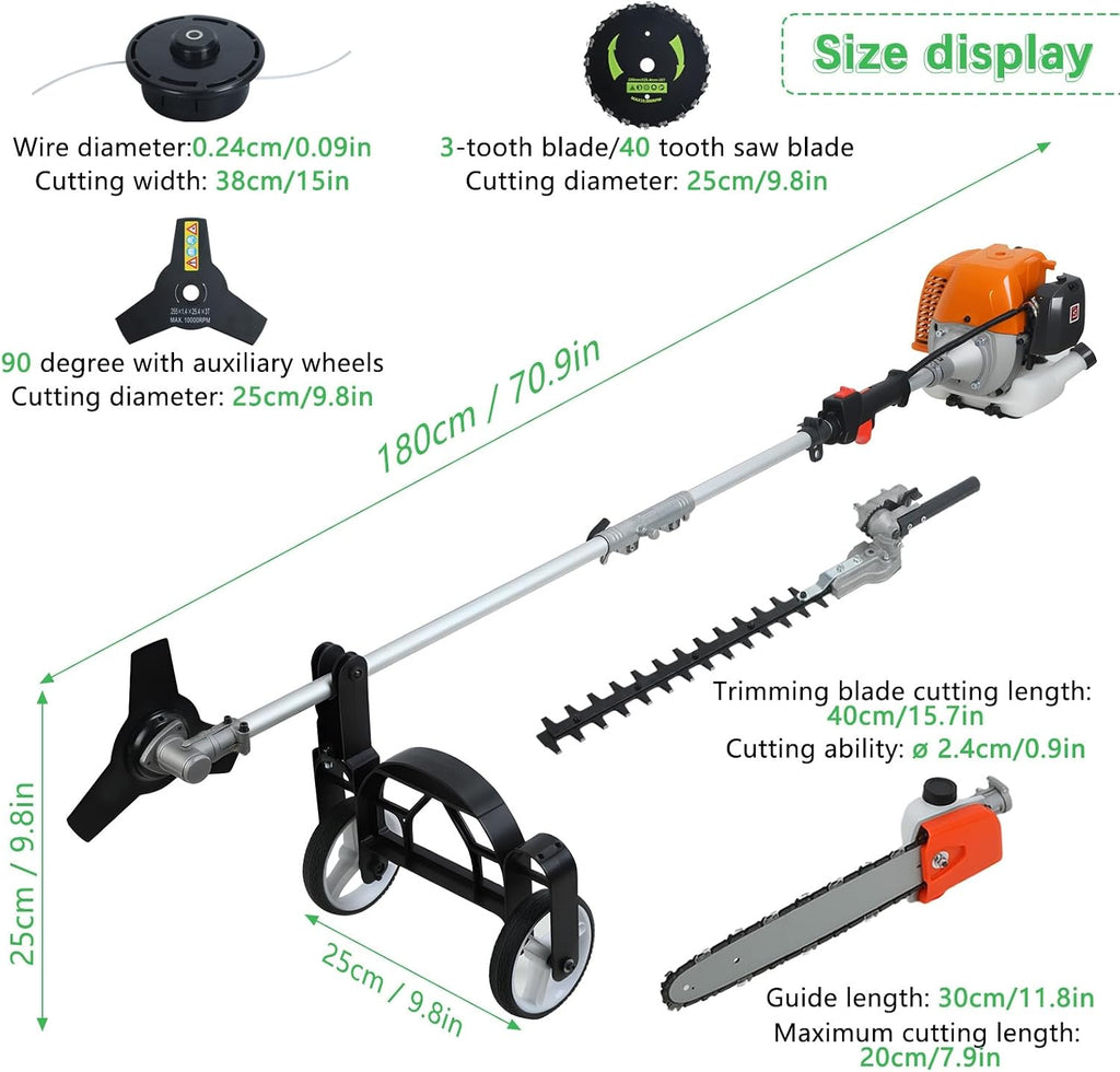 52cc 8-In-1Multi‑Function Trimming Tool, Gas Hedge Trimmer, Powerful String Trimmer, Brush Cutter, Pole Saw Chainsaw, Edger with Extension Pole, Weed Eater Powered Pruner Tool Orange