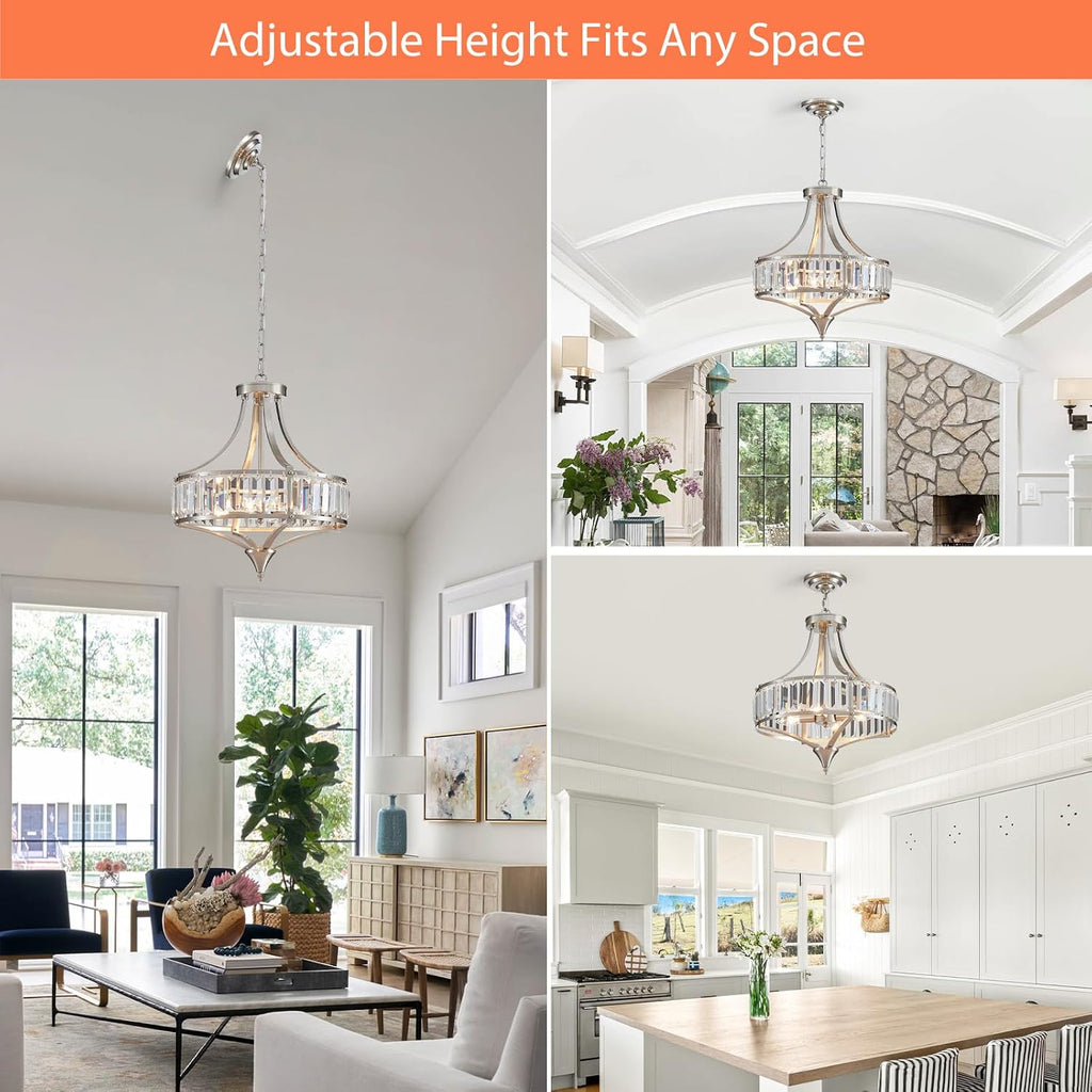 Crystal Chandeliers for Dining Room Rustic Farmhouse Pendant Round 4-Light Brushed Nickel Lighting Fixture for Dining Room Kitchen Island Hallway Bedroom Home Office