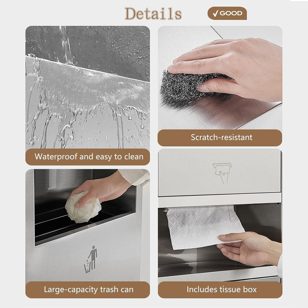 Recessed Convertible Paper Towel Dispenser/Waste Receptacle Combination Unit, Satin Stainless Steel for Hotel Public Bathroom Kitchen, Silver(Gold,33x165x16CM)