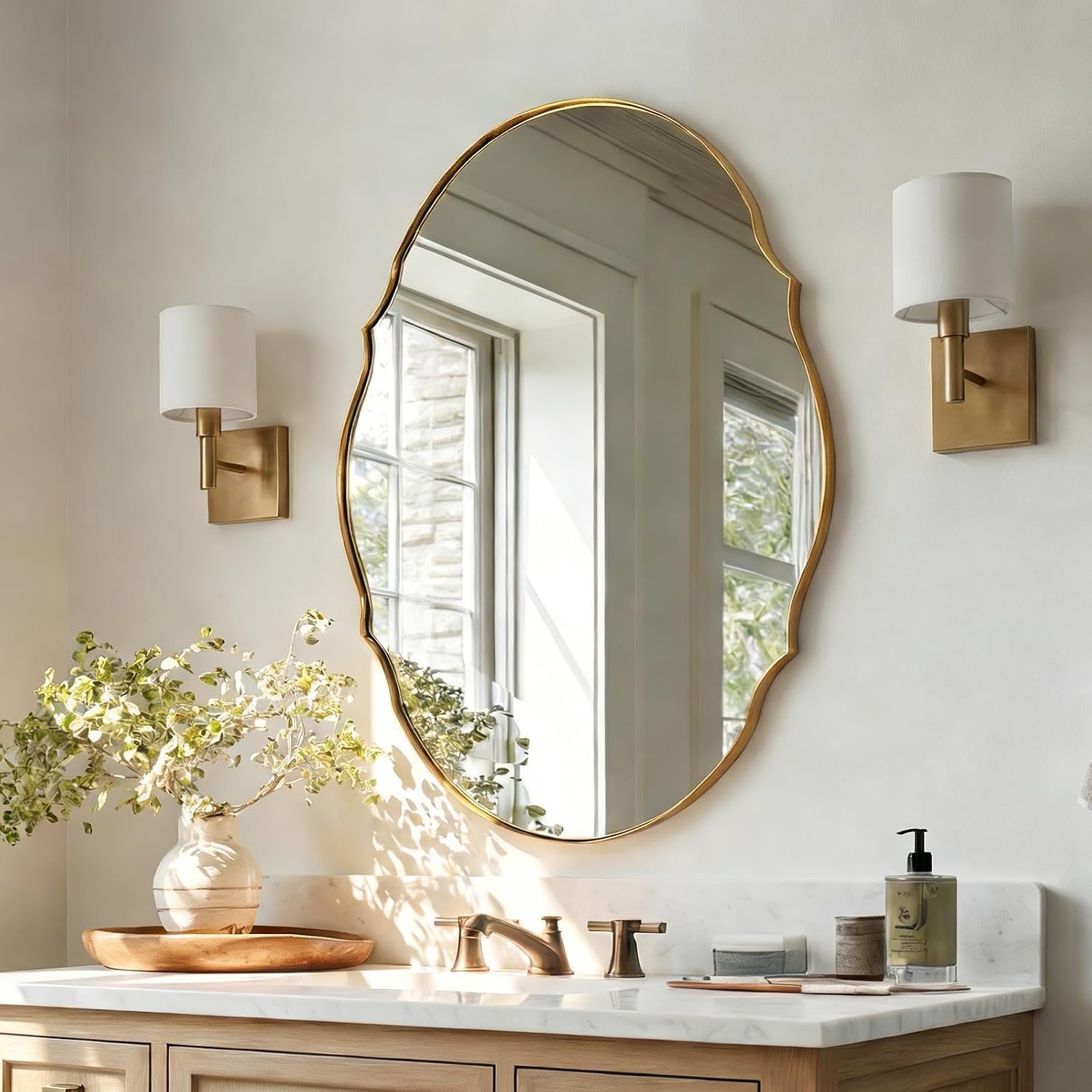 ANDY STAR Large Gold Scalloped Oval Mirror 30x40, Brushed Gold Oval Bathroom Mirror for Wall, Stainless Steel Framed Mirror for Master Vanity, Entryway, Hallway, Rust-Resistant