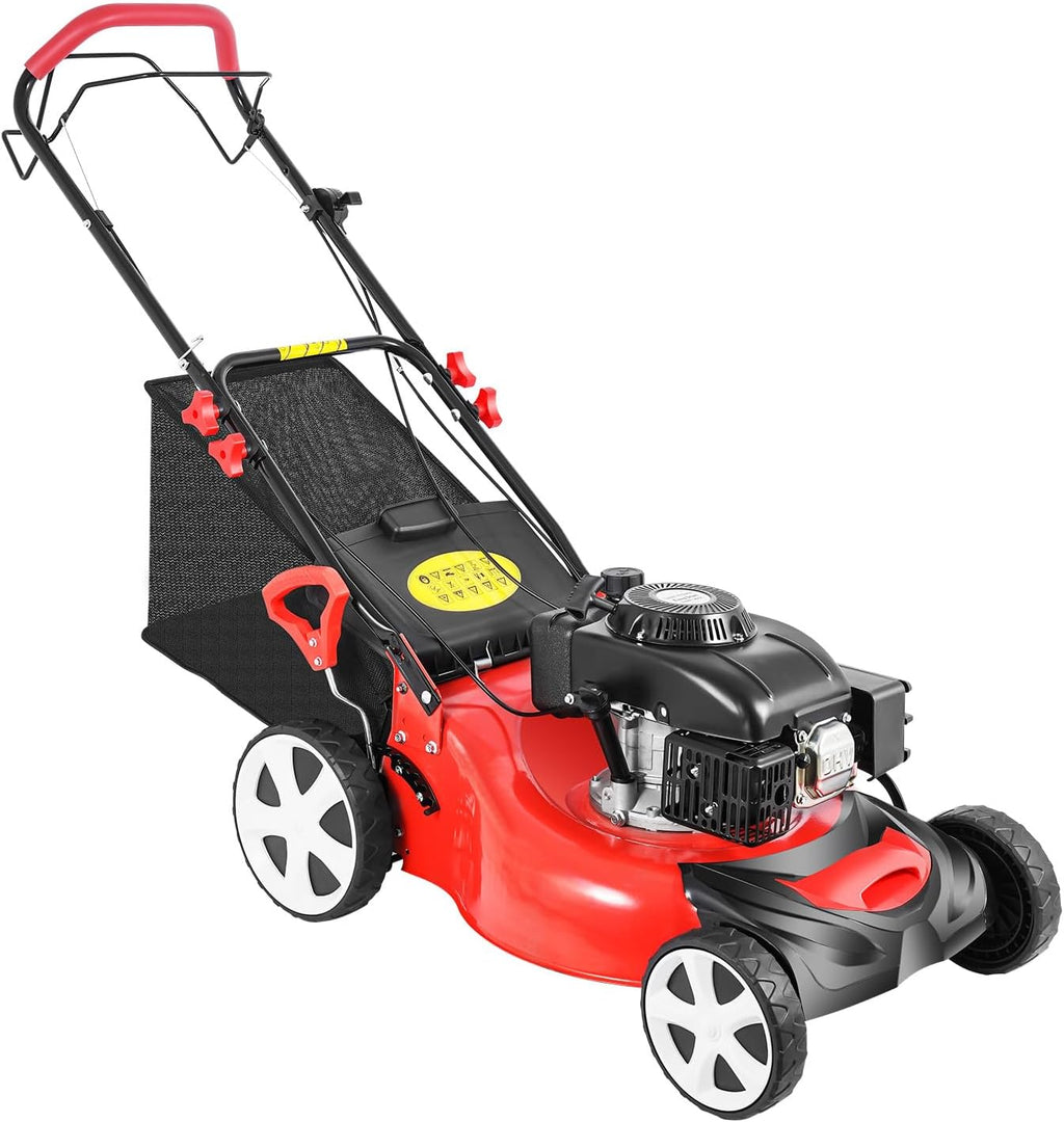 20inch 3-in-1 Gas Powered Lawn Mower, 173CC 4-Stroke Gas Powered Push Mower, 8 Gear Adjustable Heights 8' Front & 10' Rear Wheel for Yard & Garden