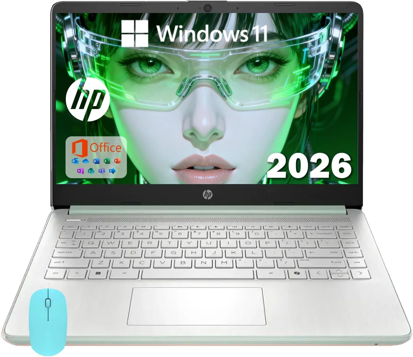HP 14 Elite Laptop, 4GB RAM, 1.12TB Total Storage (128GB UFS+1TB Cloud), Willow Green, Office 365, Intel Multi-Core, Win11, Copilot AI, 11Hr Battery, Alpacatec Mouse