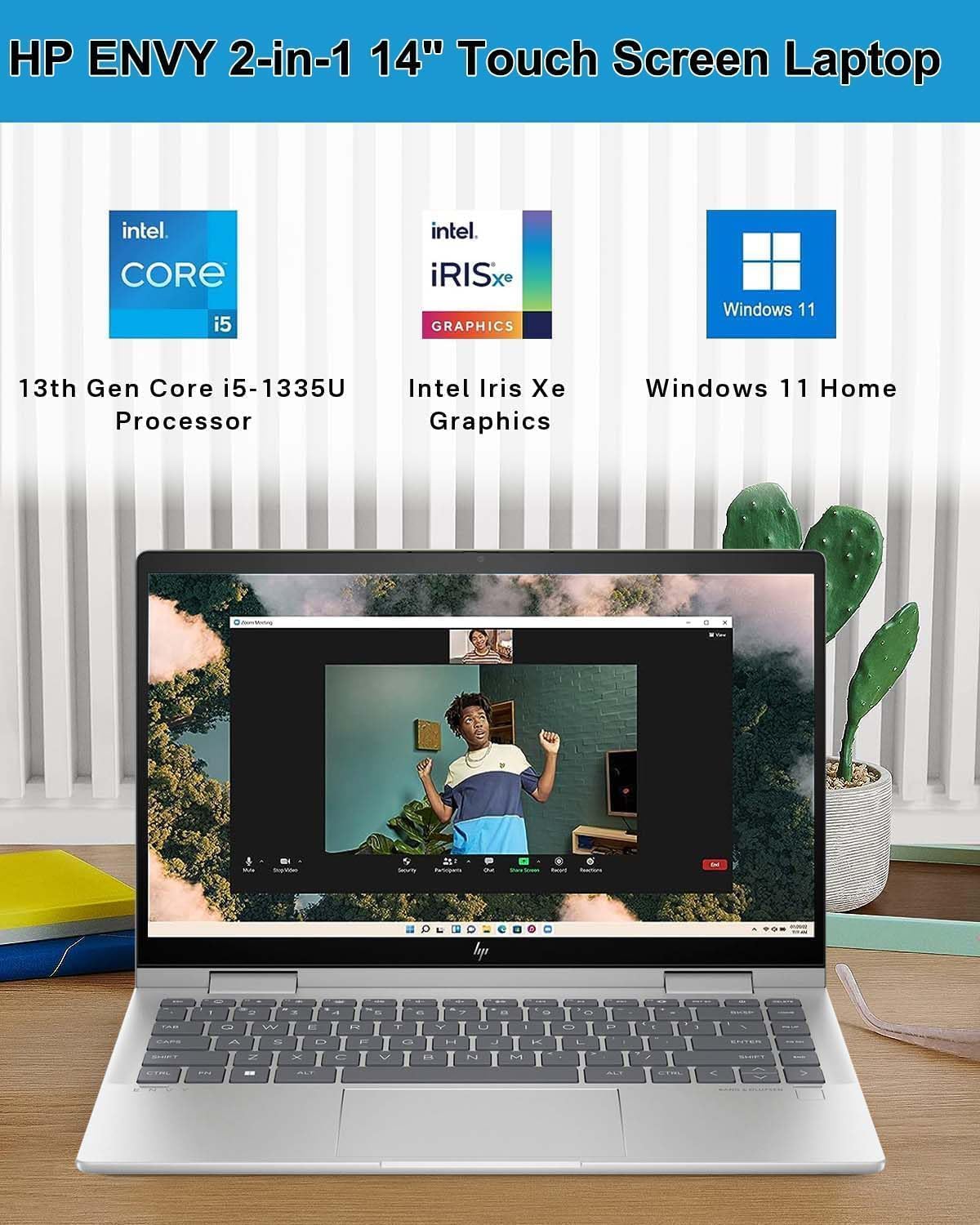 HP Envy x360 2-in-1 Laptop, 14' FHD Touchscreen Display, Intel Core i5-1335U Processor, 8GB RAM 1TB SSD, Fingerprint Reader, Backlit Keyboard, 128gb 9H Docking Station, Windows 11 Pro, Silver