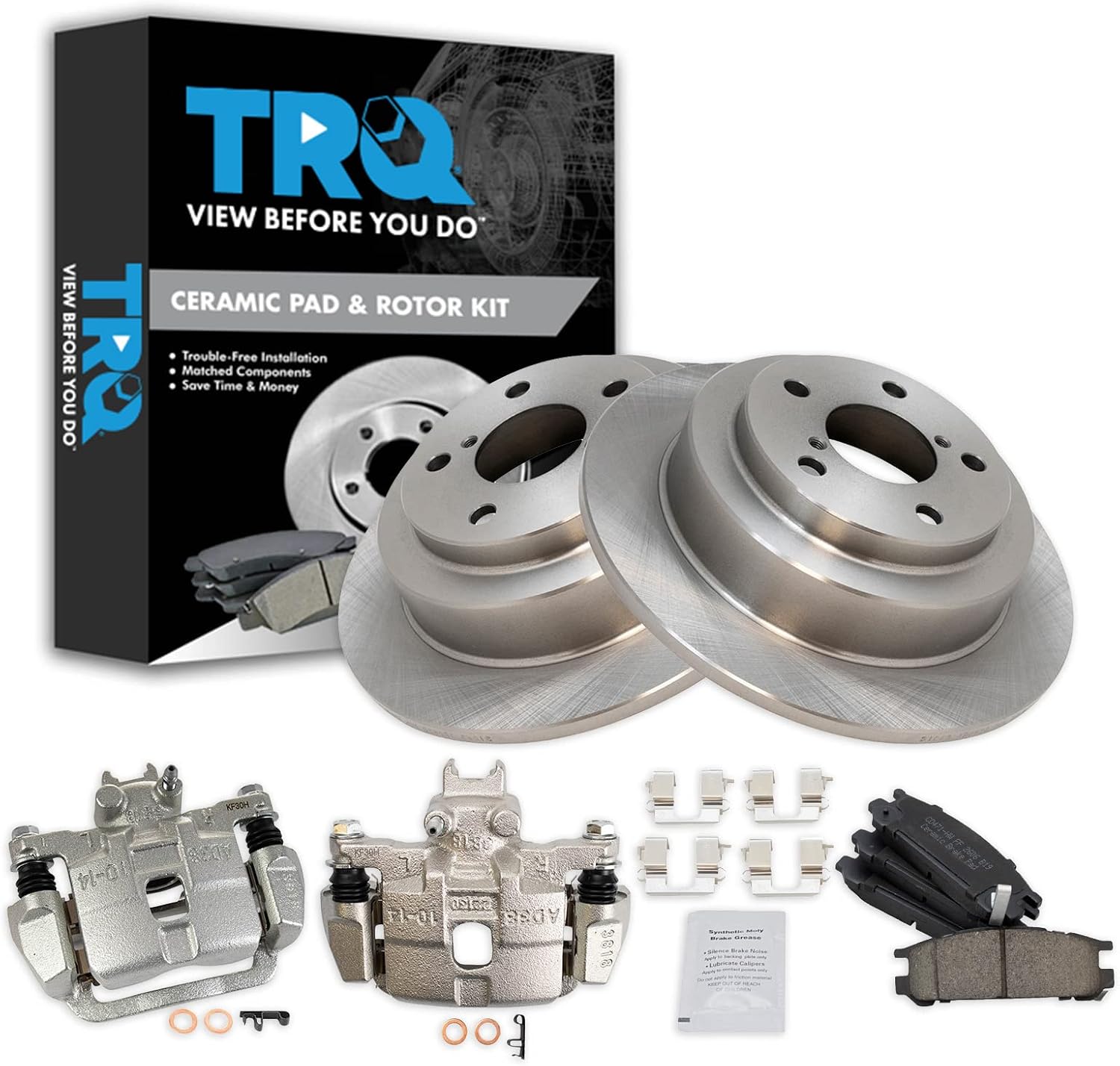 TRQ Rear Brake Pad and Rotor Set Ceramic Solid Rotors Calipers Compatible with 1999 Subaru Impreza