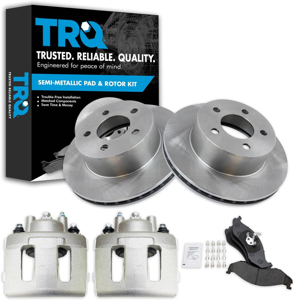 TRQ Front Brake Pad and Rotor Set Semi Metallic Vented Rotors Calipers Compatible with 1991-1998 Jeep Cherokee 1991-1992 Comanche 1993-1998 Grand Cherokee 1991-1999 Wrangler