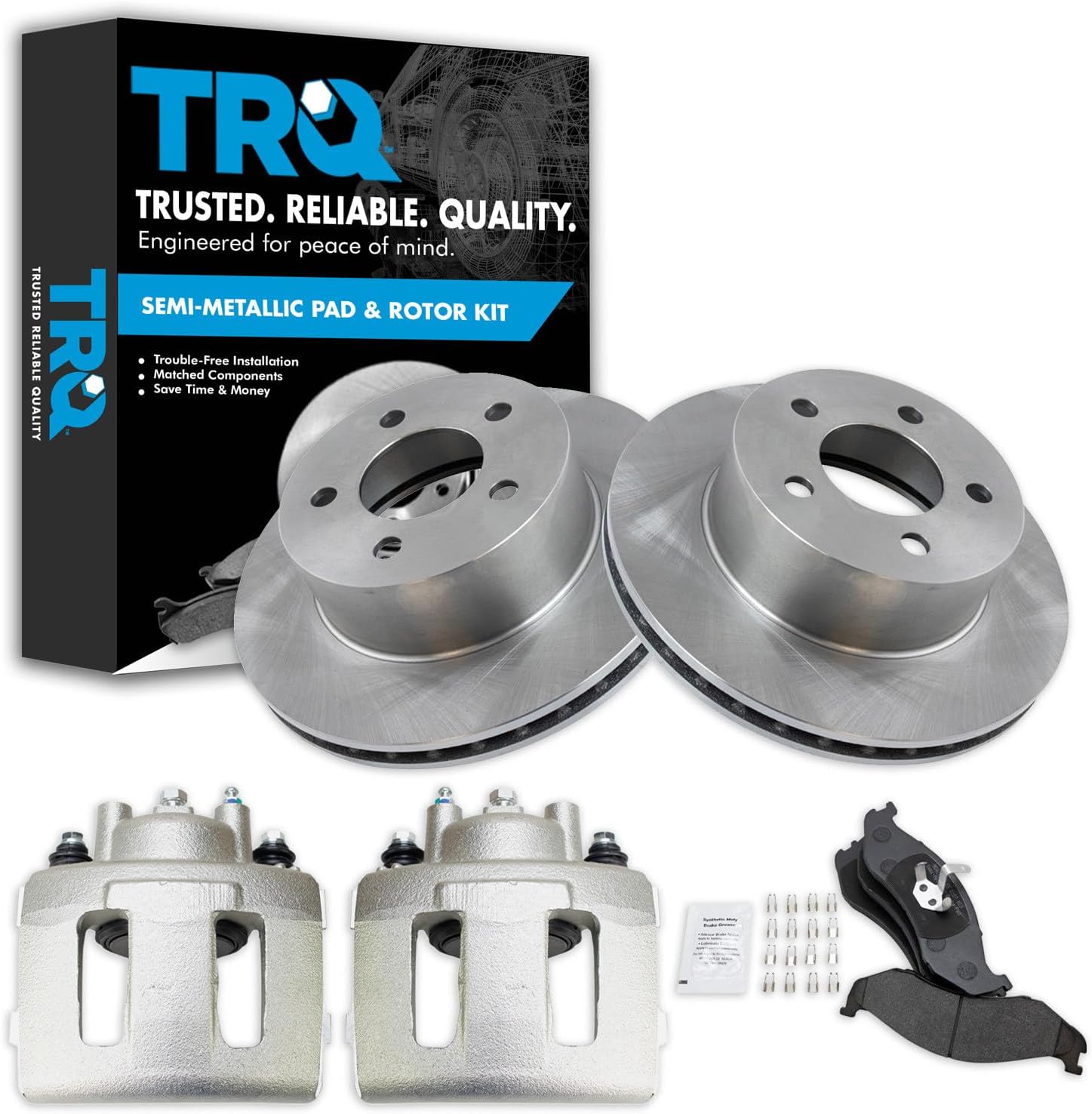 TRQ Front Brake Pad and Rotor Set Semi Metallic Vented Rotors Calipers Compatible with 1991-1998 Jeep Cherokee 1991-1992 Comanche 1993-1998 Grand Cherokee 1991-1999 Wrangler