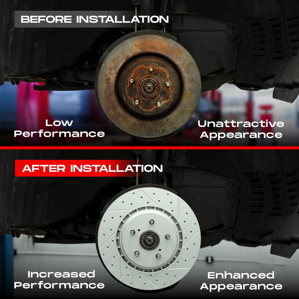 R1 Concepts Front and Rear Brake Kit| Hardware| Off-Road/Tow Brake Pads and Drilled Slotted Brake Rotors| WBVH2-67004 | 13.8' Front & 12.6' Rear
