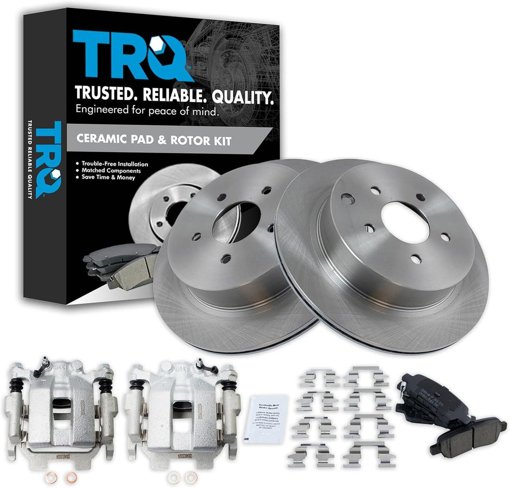 TRQ Rear Brake Pad & Rotor Ceramic Vented Rotors Calipers Compatible with 2009-2020 Nissan Murano Pathfinder Quest 2013 Infiniti JX35 2011-2013 M37 M56 2012-2013 M35h 2014-2018 Q50 Q60 Q70 Q70L QX60