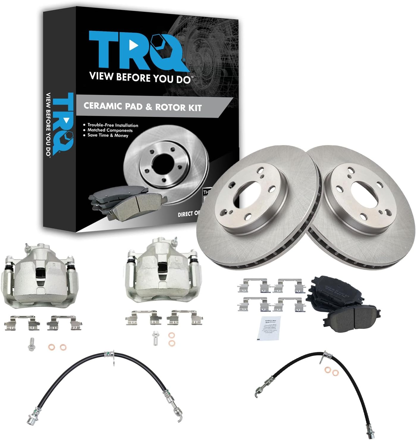 TRQ Front Brake Pad and Rotor Set Ceramic Rotors Calipers Hoses Compatible with 2002-2006 Toyota Camry LE