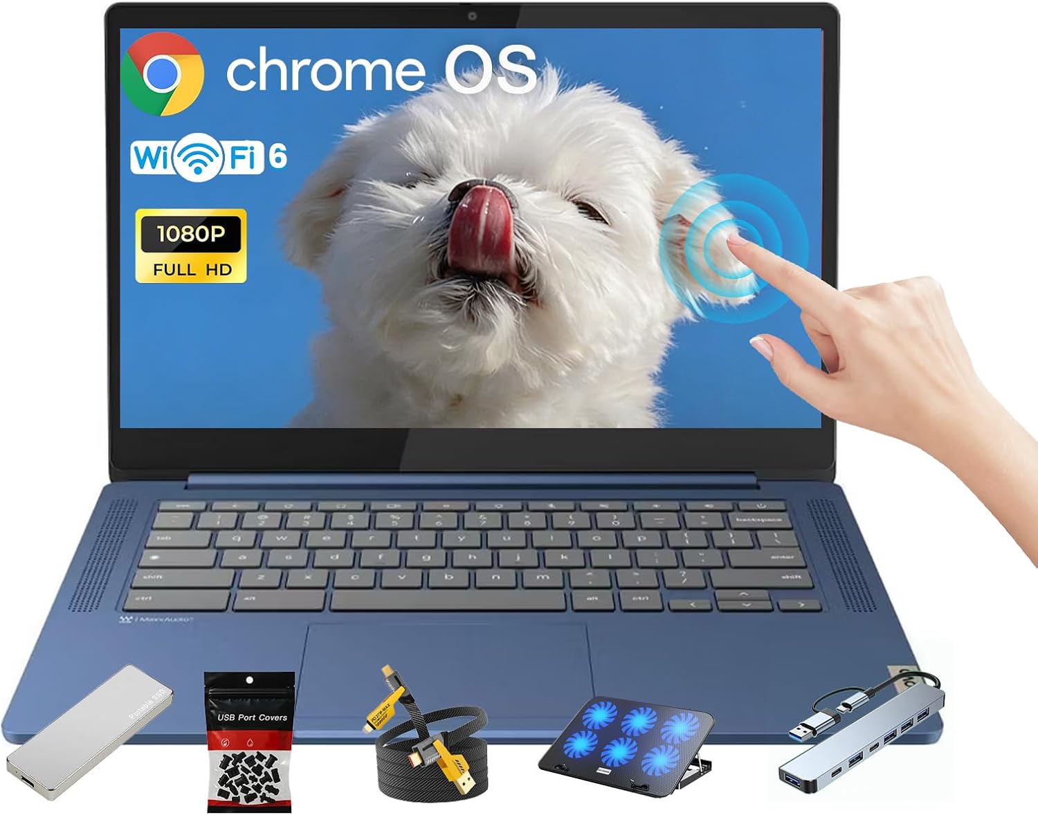 Lenovo IdeaPad Slim 3 Chromebook • 14'' FHD 250nits Touchscreen • MediaTek Kompanio 520 CPU (8-Core) • 4GB LPDDR4X • 64GB eMMC & 1TB Portable SSD • Wi-Fi 6 • Chrome OS • Accessories
