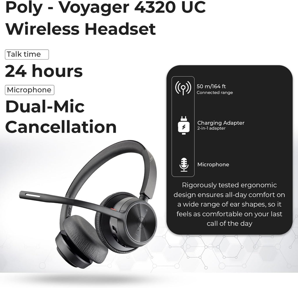 Poly Voyager 4320 UC Wireless Headset & Charge Stand - Stereo Headphones with Noise-Canceling Boom Mic + Charging Station + USB-C to A Adapter + USB C Dongle + USB A-C Cable + Pouch + Microfiber Cloth