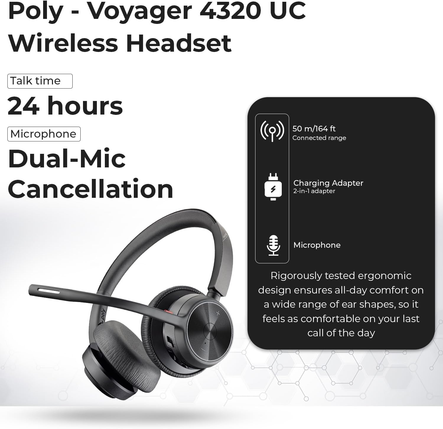 Poly Voyager 4320 UC Wireless Headset & Charge Stand - Stereo Headphones with Noise-Canceling Boom Mic + Charging Station + USB-C to A Adapter + USB C Dongle + USB A-C Cable + Pouch + Microfiber Cloth