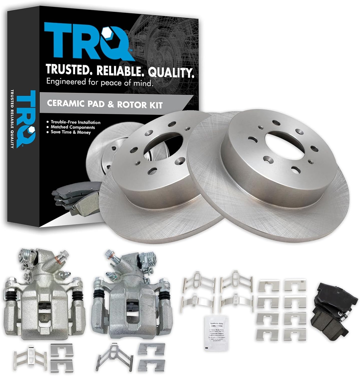 TRQ Rear Brake Pad and Rotor Set Ceramic Solid Rotors Calipers Compatible with 2002-2003 Honda Civic
