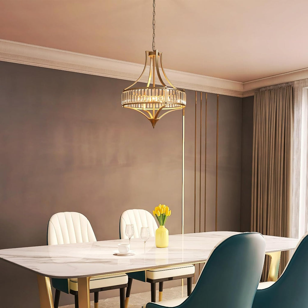 Crystal Chandeliers for Dining Room 21.6' Rustic Farmhouse Chandelier with Round Metal Shade 6-Light Large Gold Dining Room Light Fixture for Kitchen, Hallway, Bedroom, Foyer