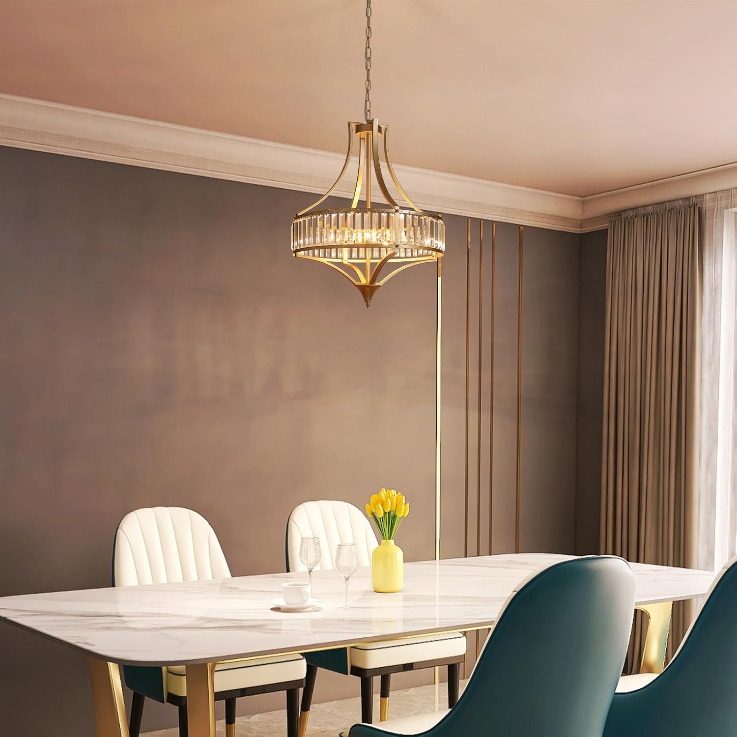 Crystal Chandeliers for Dining Room 21.6' Rustic Farmhouse Chandelier with Round Metal Shade 6-Light Large Gold Dining Room Light Fixture for Kitchen, Hallway, Bedroom, Foyer