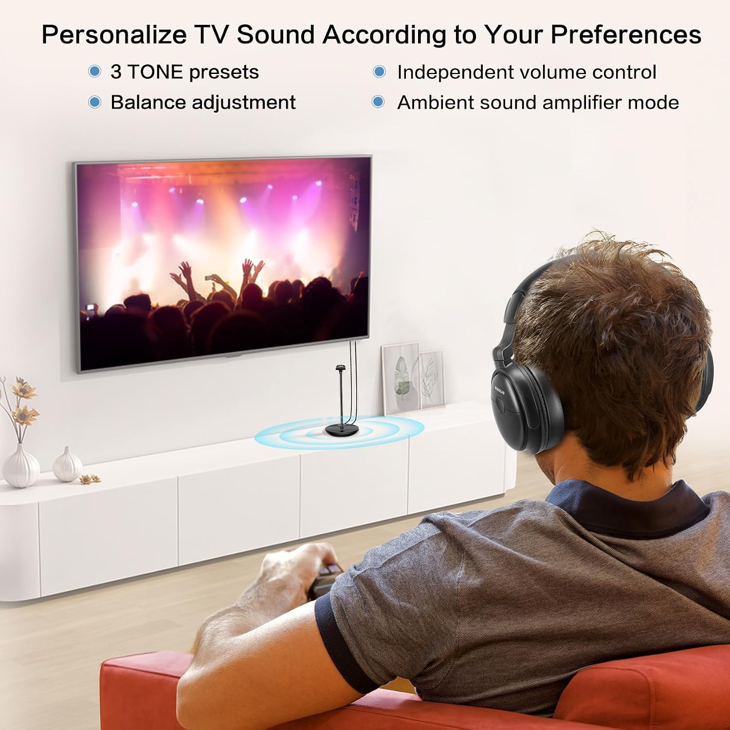 SIMOLIO Wireless TV Headphones for Seniors & Hard of Hearing, Voice Clear Bluetooth TV Headphones w/L/R Audio Balance, Ambient Sound Mode, Battery & Earpads Replaceable, Boosted Vol, Soundbar by-Pass