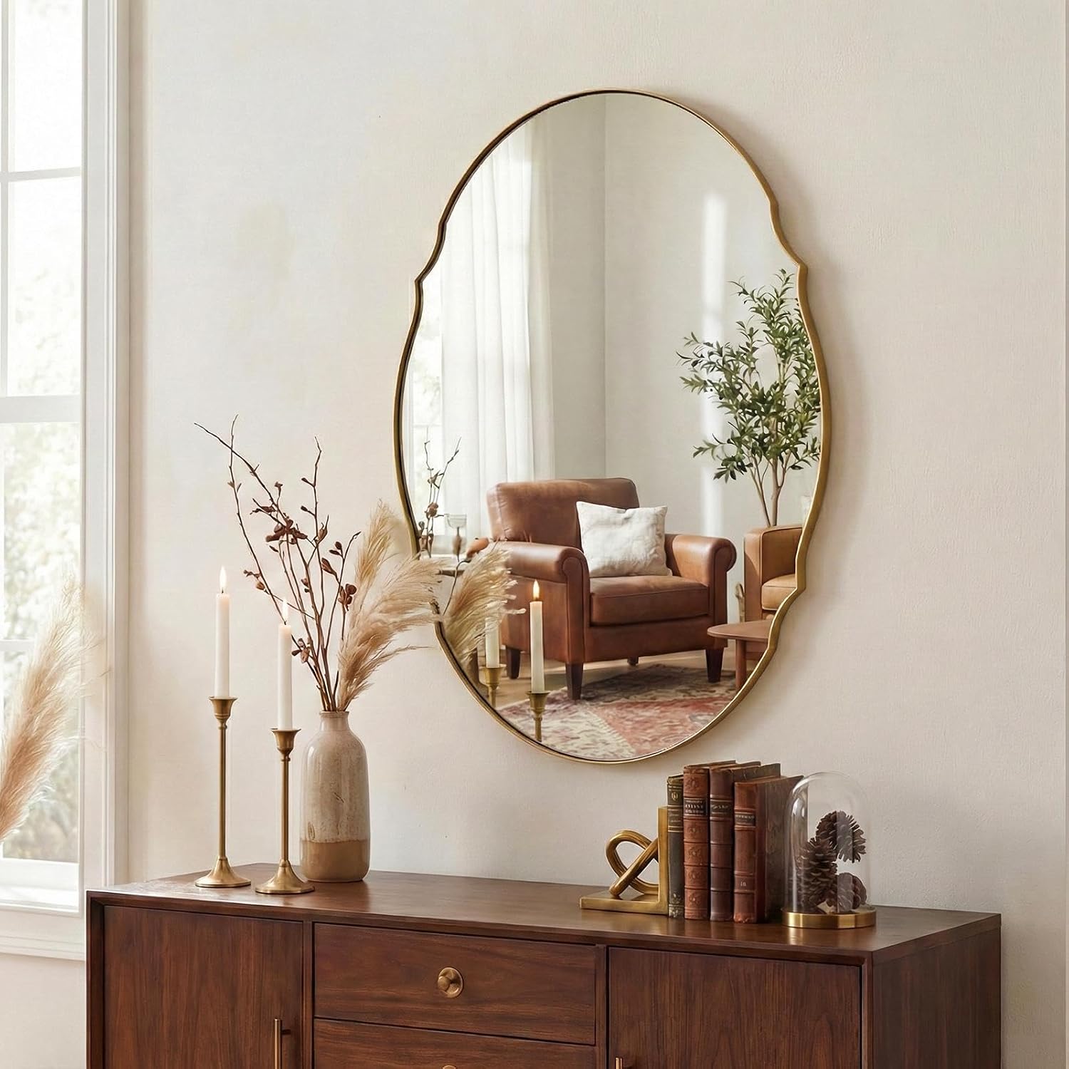 ANDY STAR Large Gold Scalloped Oval Mirror 30x40, Brushed Gold Oval Bathroom Mirror for Wall, Stainless Steel Framed Mirror for Master Vanity, Entryway, Hallway, Rust-Resistant