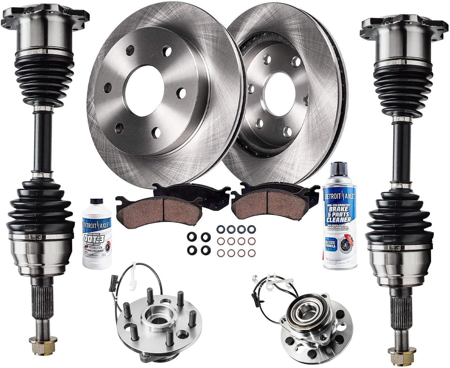 Detroit Axle - 10PC Front CV Axle Shafts, Wheel Hub & Bearings, Disc Brake Kit Rotors w/Ceramic Pads w/Hardware & Brake Kit Cleaner for 1998-99 Chevy Tahoe/GMC Yukon
