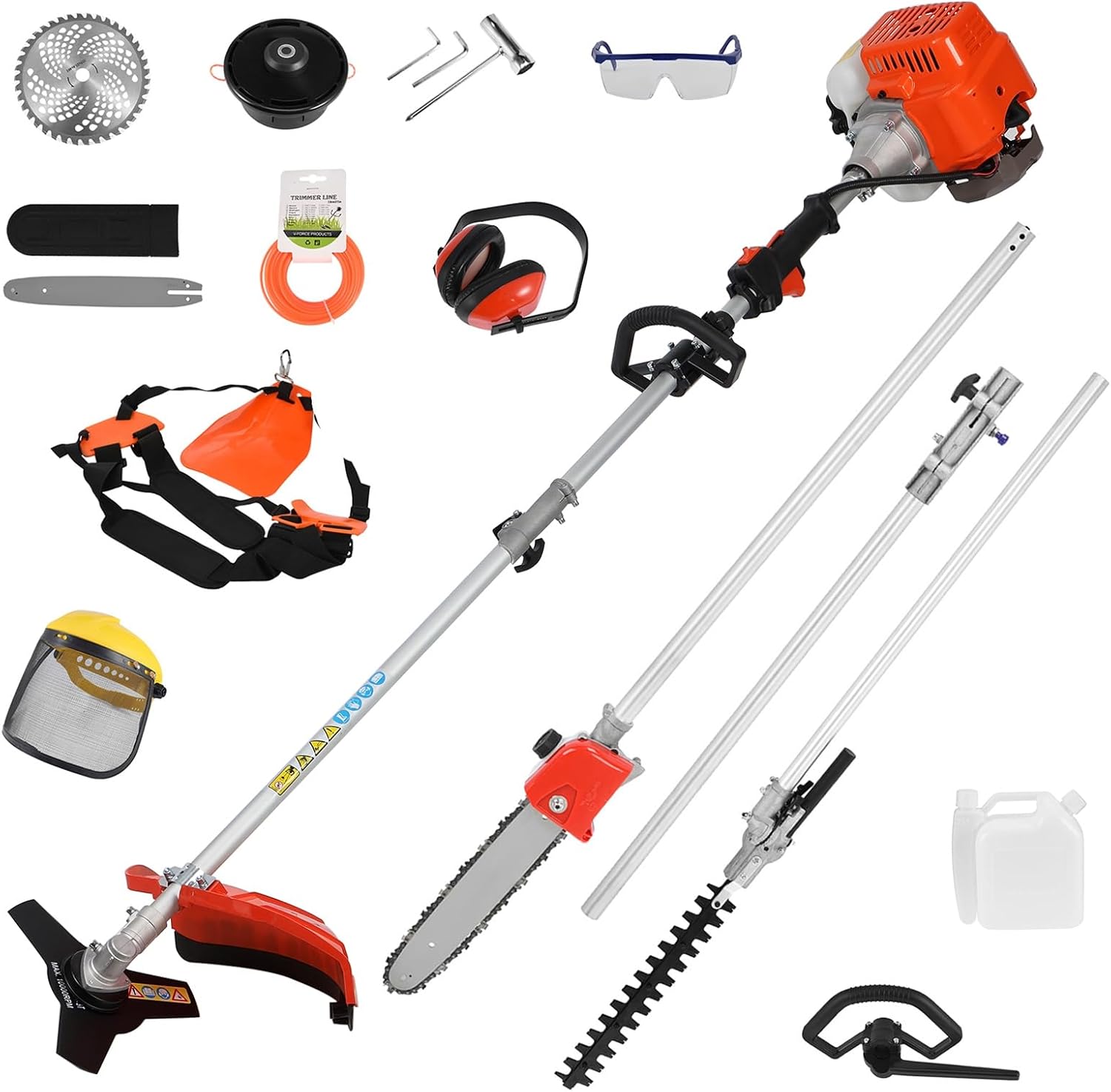 5 in 1 Multi Functional Trimming Tools - Gas Hedge Trimmer,Weed Eater,String Trimmer,Chainsaw, Brush Cutter, 52cc Gas Powered Lawn Mowers, 2024 Upgraded 2.3kw Powerful Motor Orange