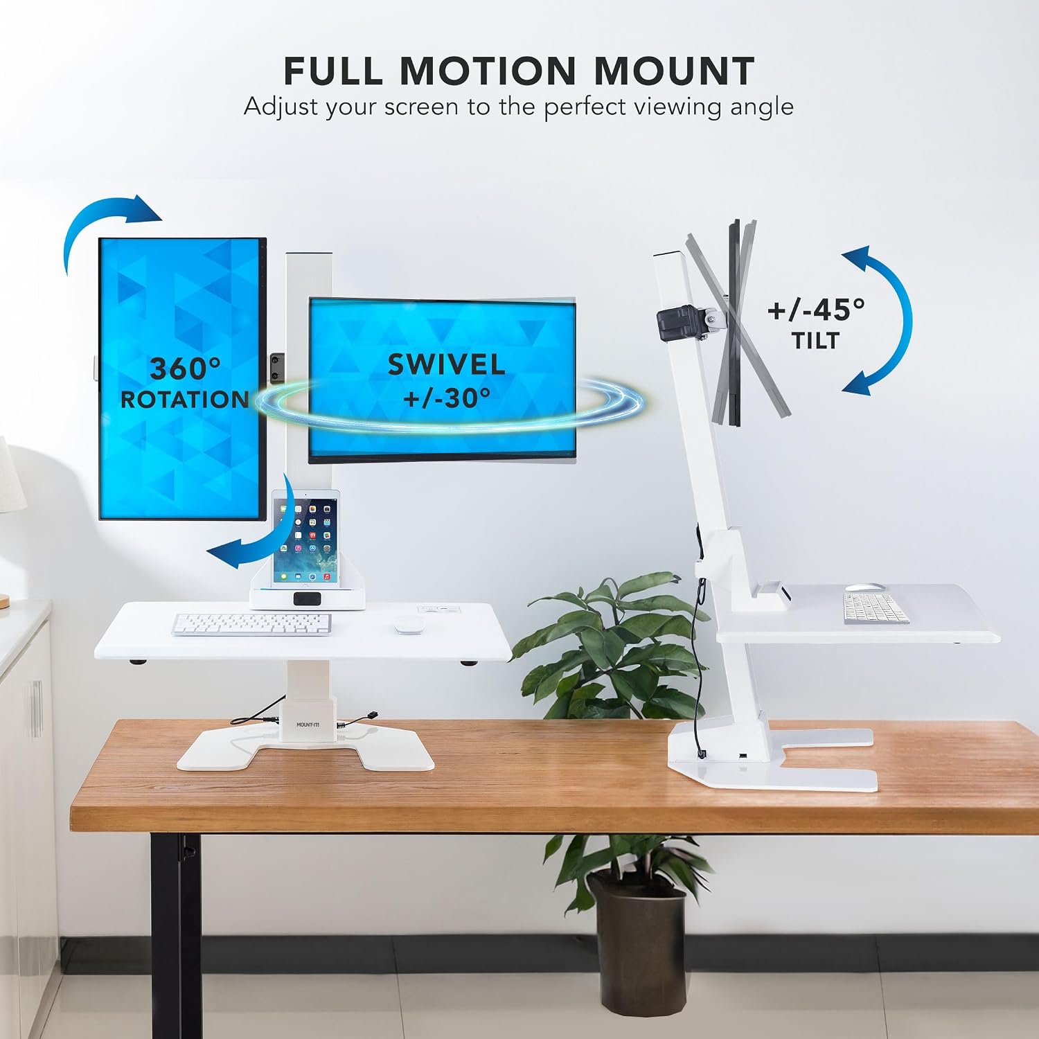 Mount-It! Electric Standing Desk Converter, Motorized Sit Stand Desk Riser with Dual Monitor Mounts, Adjustable Height Ergonomic Workstation with 28' Wide Platform and Tablet/Phone Slot, White