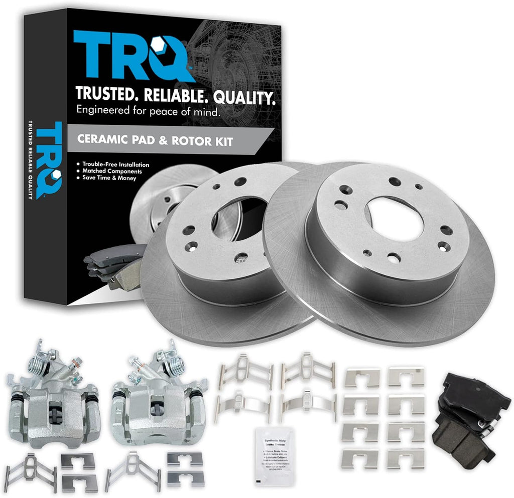 TRQ Rear Brake Pad and Rotor Set Ceramic Solid Rotors Calipers Compatible with 1998-2002 Honda Accord