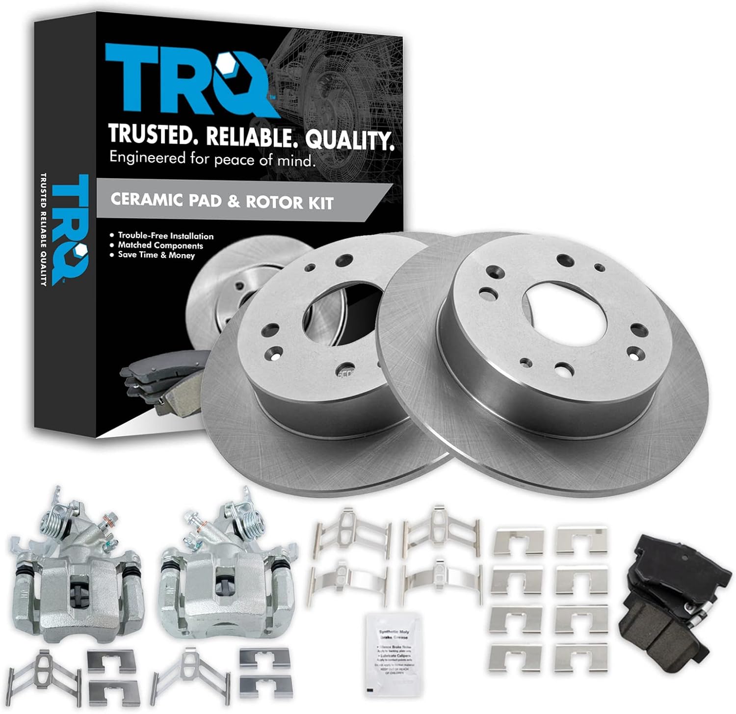 TRQ Rear Brake Pad and Rotor Set Ceramic Solid Rotors Calipers Compatible with 1998-2002 Honda Accord