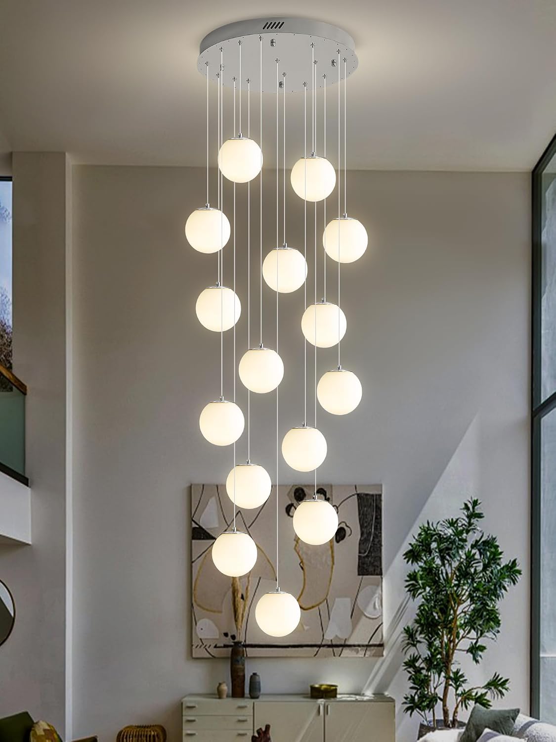 ykolupty H 138' Large Chandelier with White Globe Glass Dimmable Ceiling Light Glass Pendant Light for Kitchen Island, Dining Room, Living Room, Entry Hallway, LED Bulbs Included