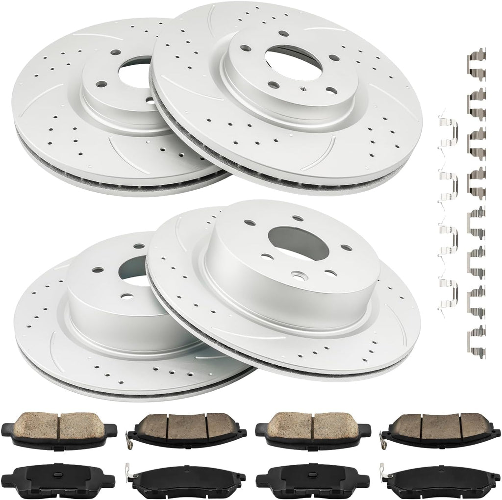 PHILTOP Front and Rear Brake Kit For INFINITI QX50 2014-2015, Drilled and Slotted Brake Rotors and Brake Pads Kit Replace #31375+D888+31387+D905, Front 12.58（319.7mm）,Rear 12.11（307.7mm）