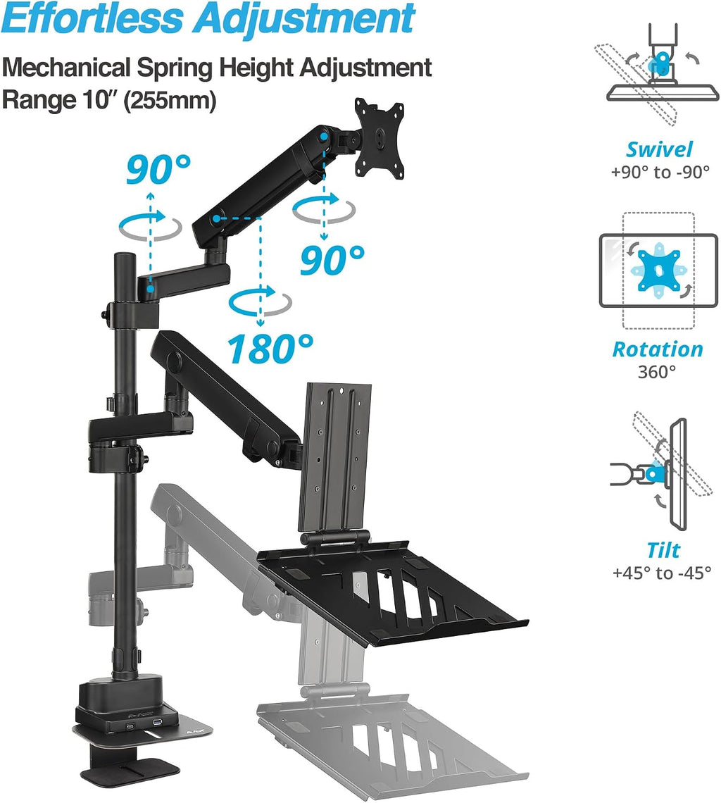 AVLT Laptop & 40 Inch Monitor Arm Pole Top Mount with USB-C&A Ports-Black, VESA Compatible, Supports 26.4 lbs (12 kg), Ultrawide Screen Fit, Adjustable Height, Tilt Swivel Rotate, Cable Management
