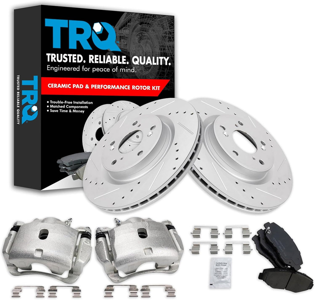 TRQ Performance Front Brake Pad and Rotor Set Ceramic Vented Coated Slotted Drilled Rotors Calipers Compatible with 2012-2015 Honda CR-V