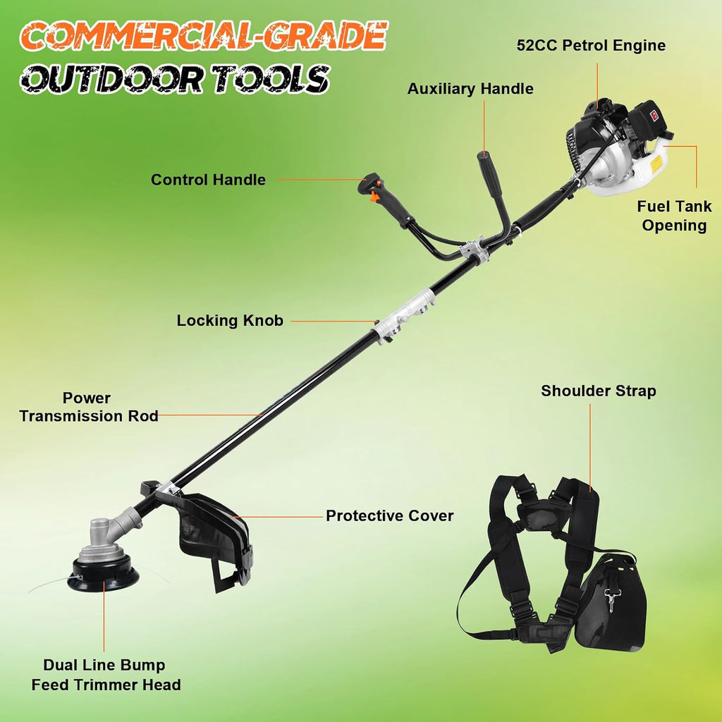 2 in 1 Weed Eater Gas Powered, 52CC 2-Stroke Gas Brush Cutter Tools & String Trimming 3-Teeth Blade for Garden, Yard, Lawn with EPA Certification, (Engine Model 1E44F-E)
