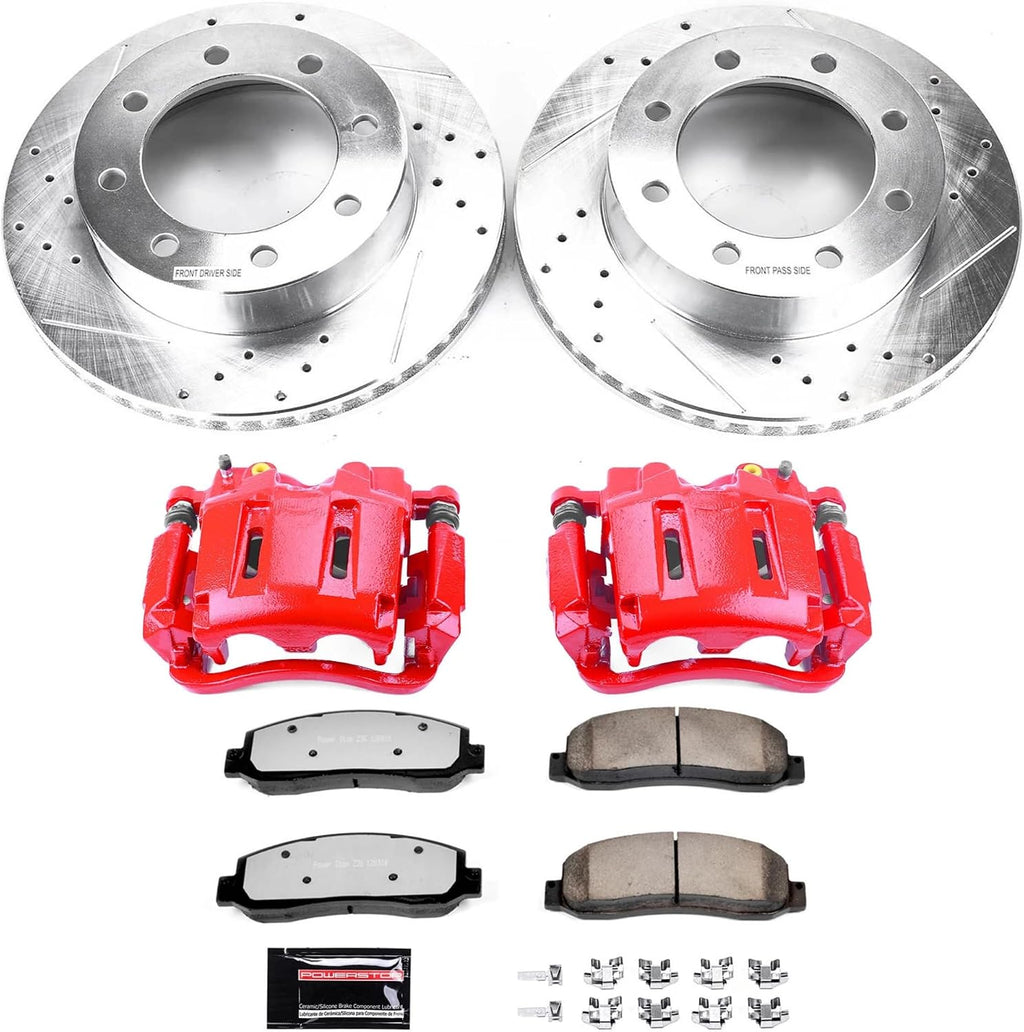 PowerStop Front Brake & Caliper Kit for Ford F-250 Super Duty 2005-08 | Ford F-350 Super Duty 2005-10 - Drilled & Slotted Disc Rotors + Z36 Brake Pads + Red-Powder Coated Calipers, KC1781-36