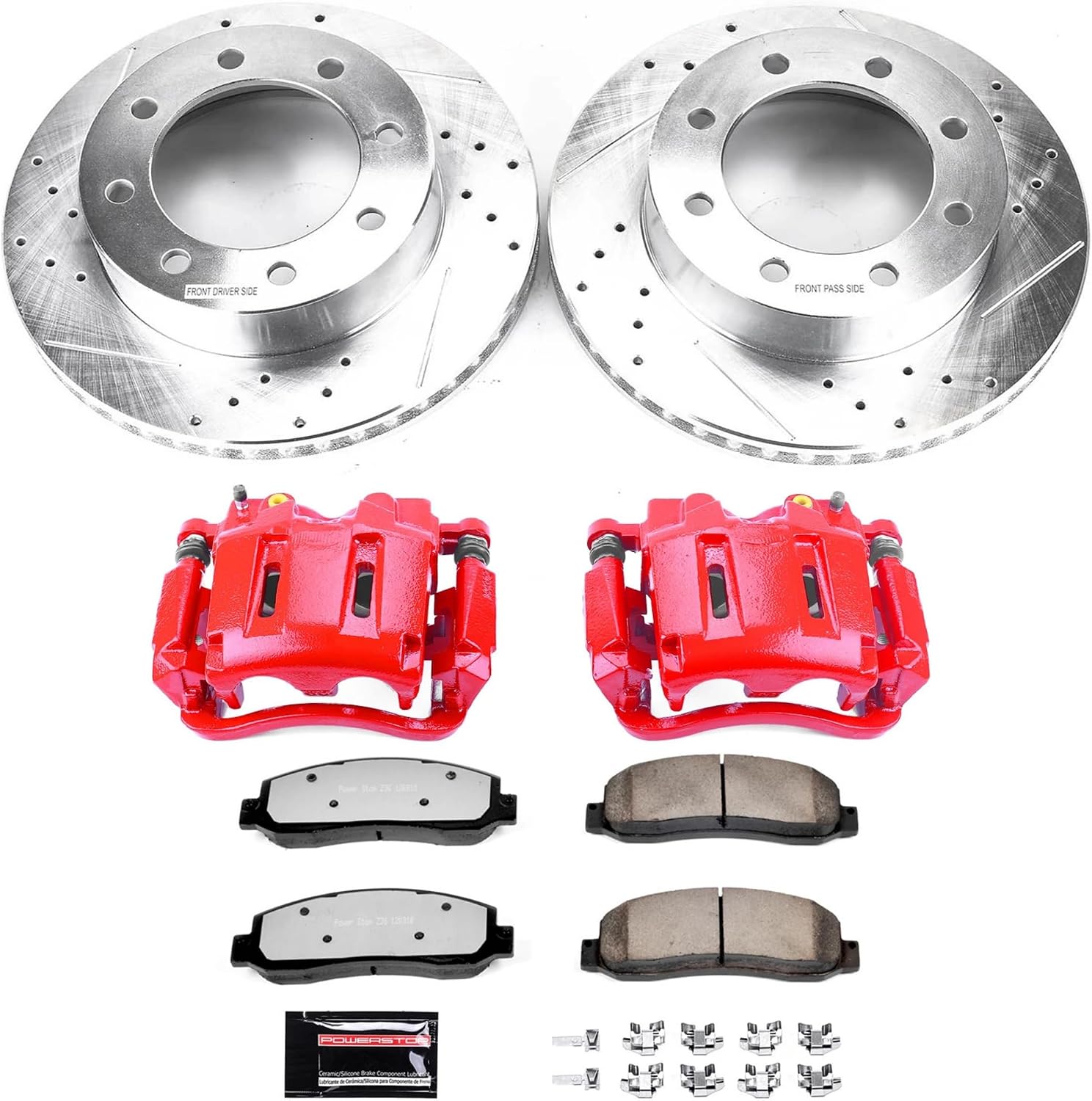 PowerStop Front Brake & Caliper Kit for Ford F-250 Super Duty 2005-08 | Ford F-350 Super Duty 2005-10 - Drilled & Slotted Disc Rotors + Z36 Brake Pads + Red-Powder Coated Calipers, KC1781-36