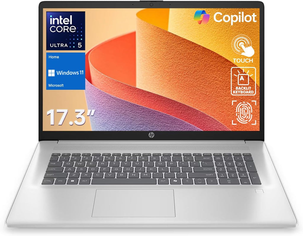 HP 17.3' Touchscreen Business Copliot AI Laptop, Intel Core Ultra 5 225U, 16GB DDR5 RAM, 1TB SSD, Wi-Fi 6, Win11 Home, Backlit Keyboard &Numeric Keypad, Webcam, Fingerprint Reader, Battery Fast charge