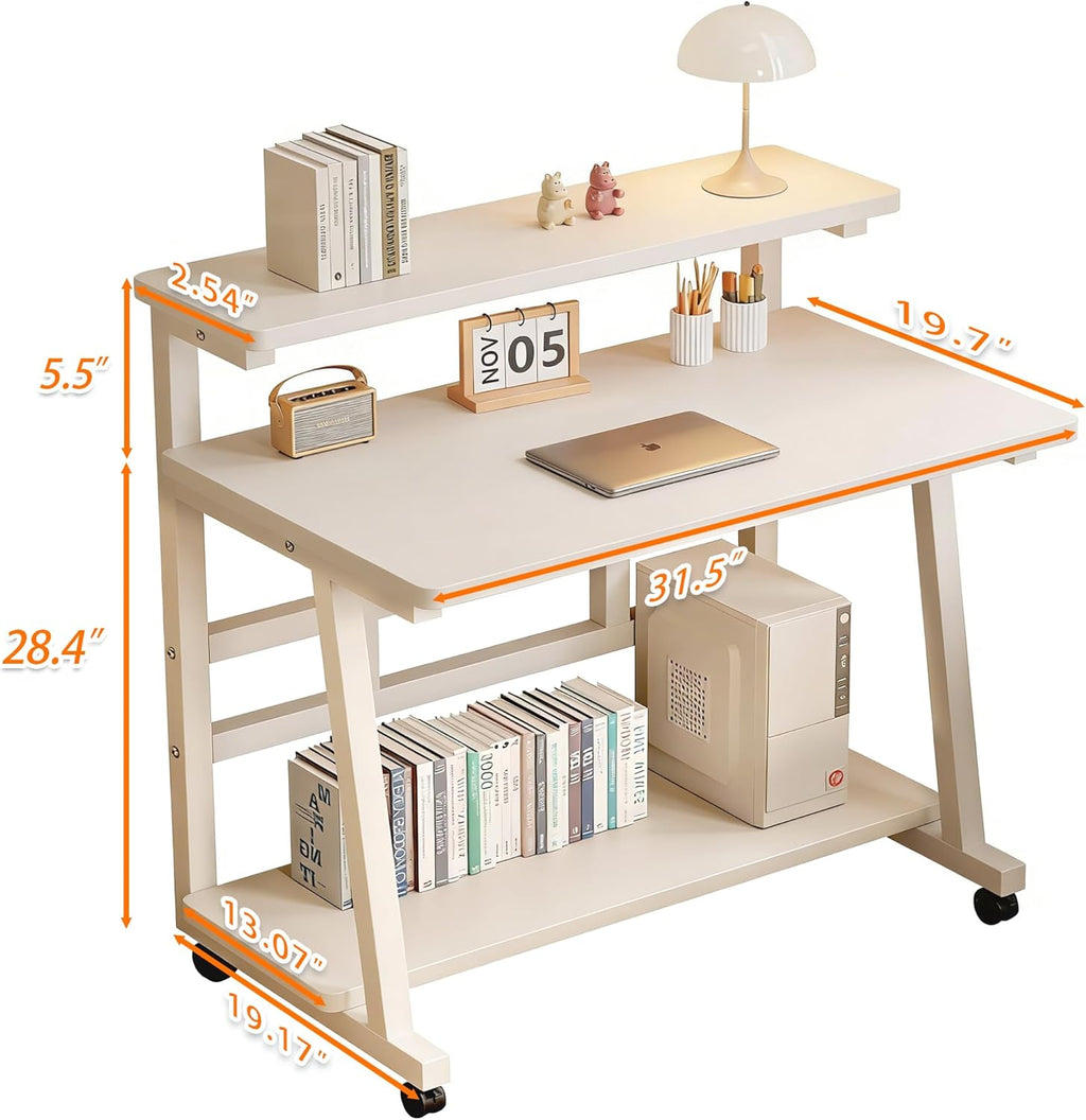 Rolling Desk, 39.4 Inch Small Desks with 3-Layer Storage & Monitor Stand, Compact Home Office Desk, Portable Laptop Table with Wheels for Small Spaces, Mobile Rolling Computer Work Desks