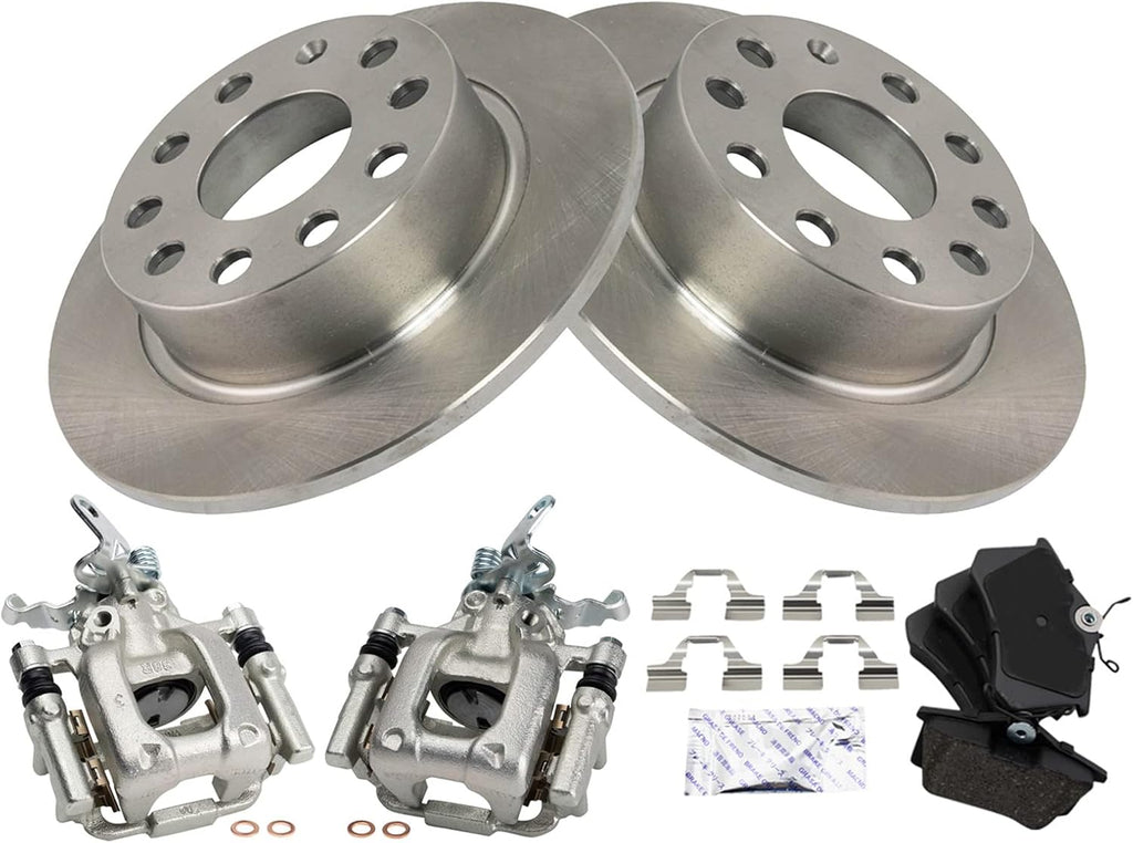 TRQ Rear Brake Pad and Rotor Set Ceramic Solid Rotors Calipers Hardware Compatible with 2013 Volkswagen Beetle