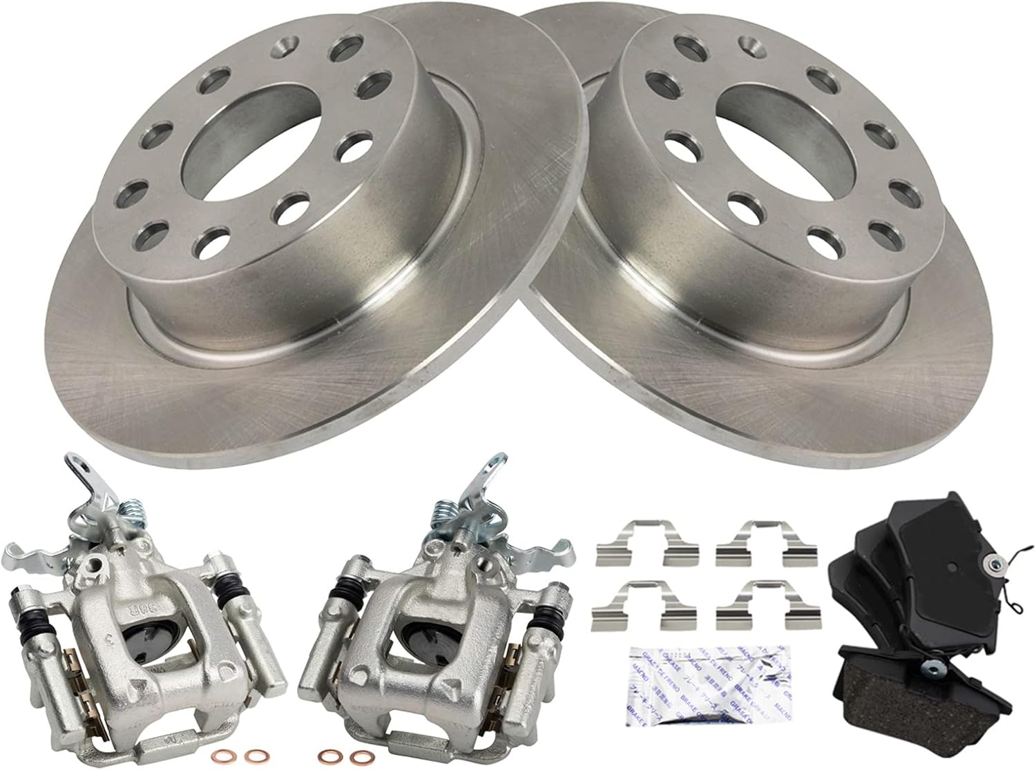 TRQ Rear Brake Pad and Rotor Set Ceramic Solid Rotors Calipers Hardware Compatible with 2013 Volkswagen Beetle