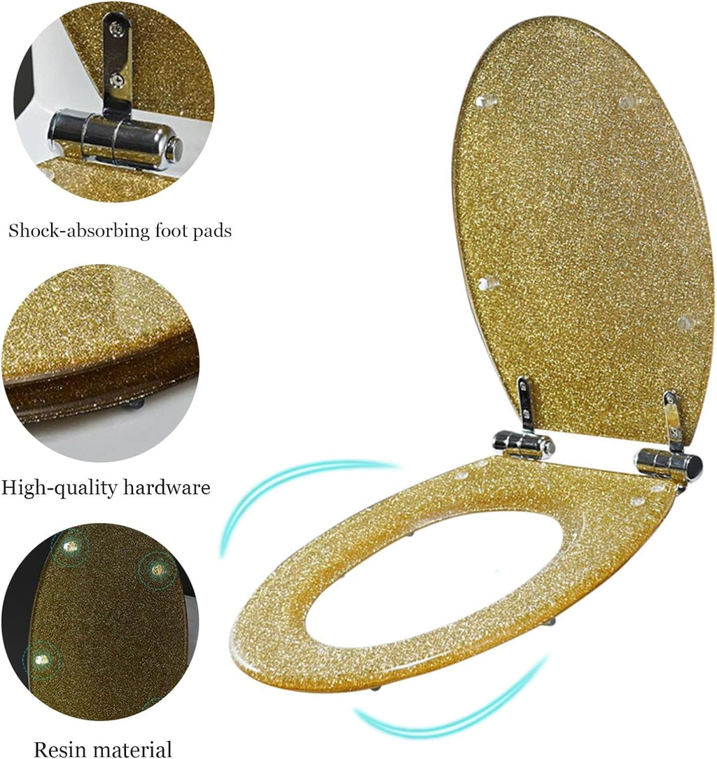 Slow Close Toilet Seat Thicken Toilet Seat Cover, Sparkly Resin Toilet Seat, Toilet Seat, Slow Close Bathroom Toilet Lid, Easy To Clean & Install,Silver,Gold,Gold