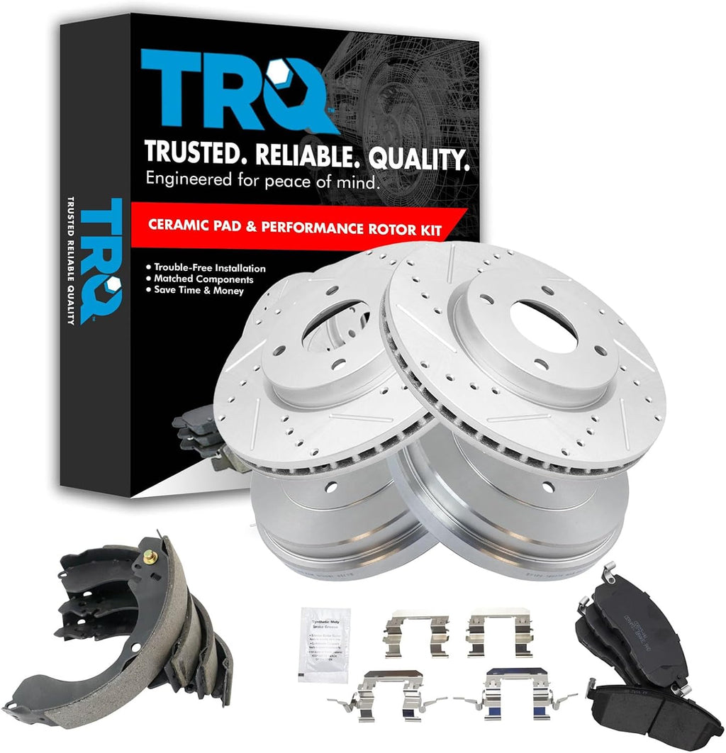 TRQ Performance Front & Rear Posi Ceramic Disc Brake Pads Rotors & Drum Kit Set for Nissan