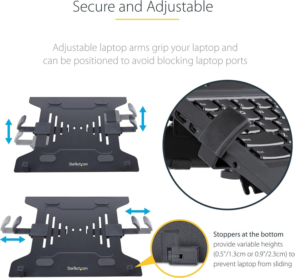 StarTech.com Laptop Desk Mount, VESA Monitor Mount for Displays up to 34' 17.6lb/8kg or Laptops up to 9.9lb (4.5kg), Articulating Arm Tray with Clamp or Grommet Base