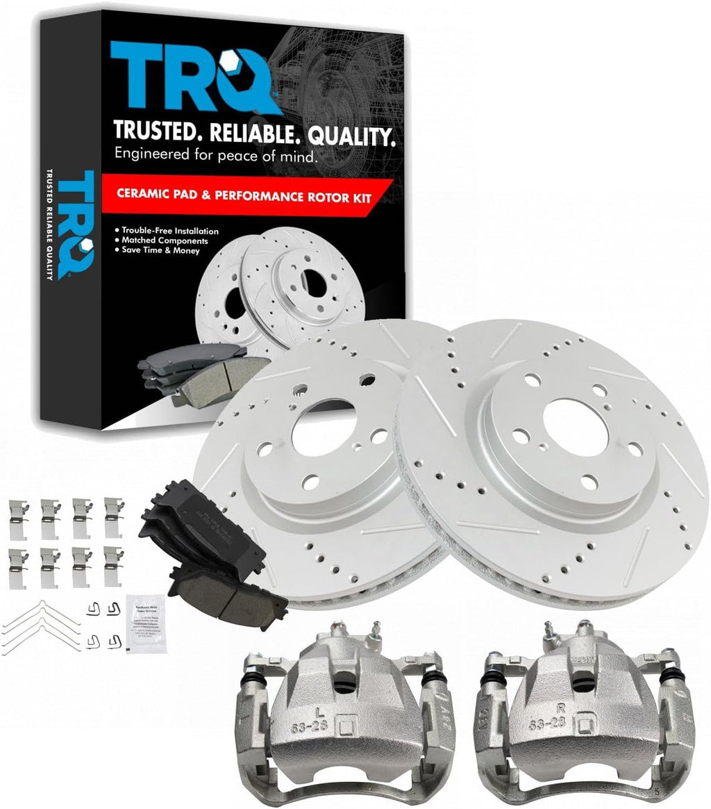 TRQ Performance Front Brake Pad and Rotor Set Ceramic Vented Coated Drilled Slotted Rotors Calipers Compatible with 2007-2012 Lexus ES350 2007-2011 Toyota Camry