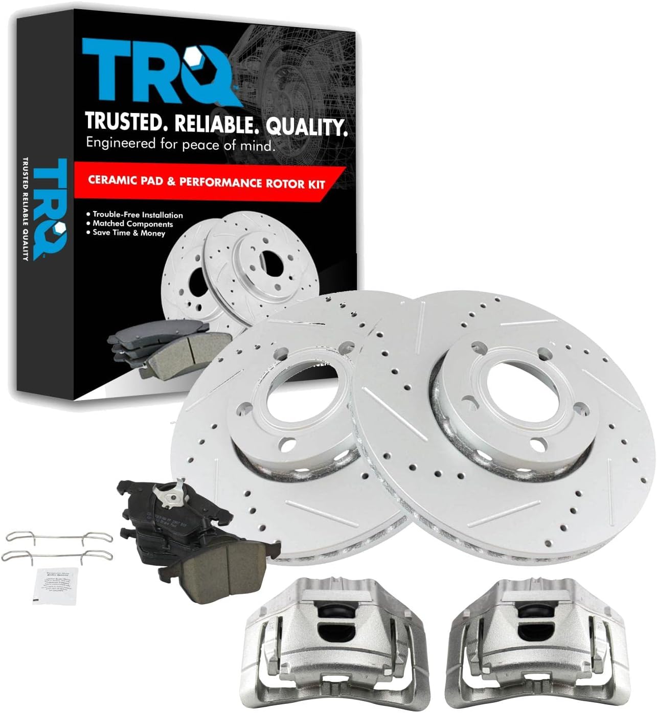TRQ Performance Front Brake Pad and Rotor Set Ceramic Vented Coated Rotors Calipers Compatible with 2005-2006 Audi A4 A4 Quattro