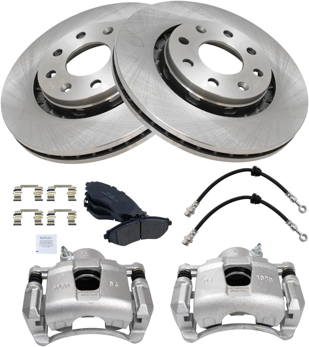 TRQ Front Brake Pad and Rotor Set Ceramic Rotors Calipers Hoses Compatible with 2004-2011 Chevrolet Aveo 2007-2011 Aveo5 2009 Pontiac G3