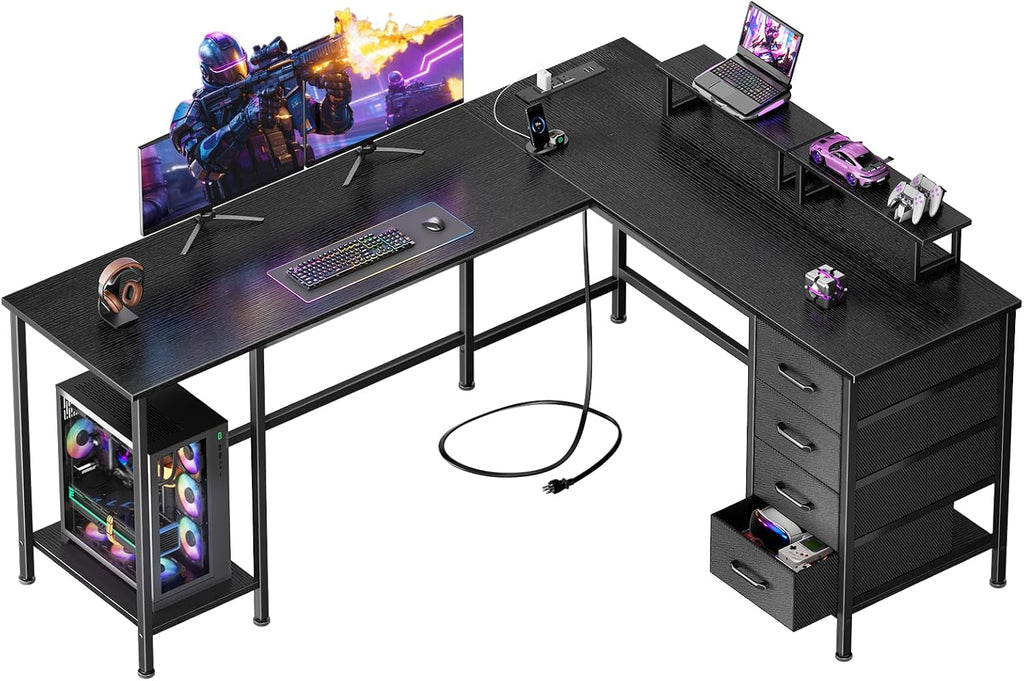 Korfile 59 inch L Shaped Computer Desk with Power Outlets, Home Office Desk with 4 Adjustable Storage Drawers & 2 Monitor Stands, Two Person Gaming Table for Bedroom, Black