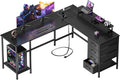 Korfile 59 inch L Shaped Computer Desk with Power Outlets, Home Office Desk with 4 Adjustable Storage Drawers & 2 Monitor Stands, Two Person Gaming Table for Bedroom, Black