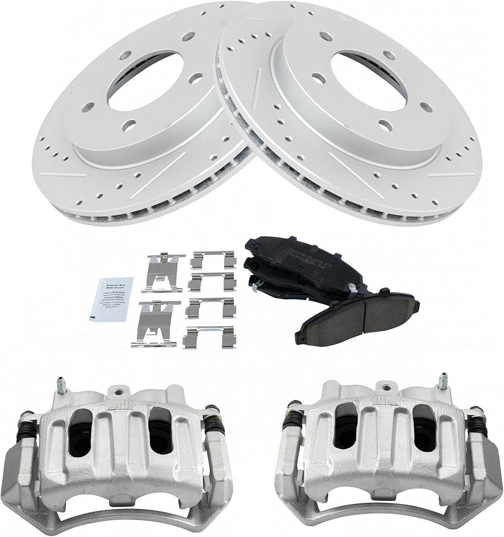 TRQ Performance Front Brake Pad and Rotor Set Ceramic Vented Coated Drilled Slotted Rotors Calipers Compatible with 1999-2003 Ford F-150 2004 F-150 Heritage