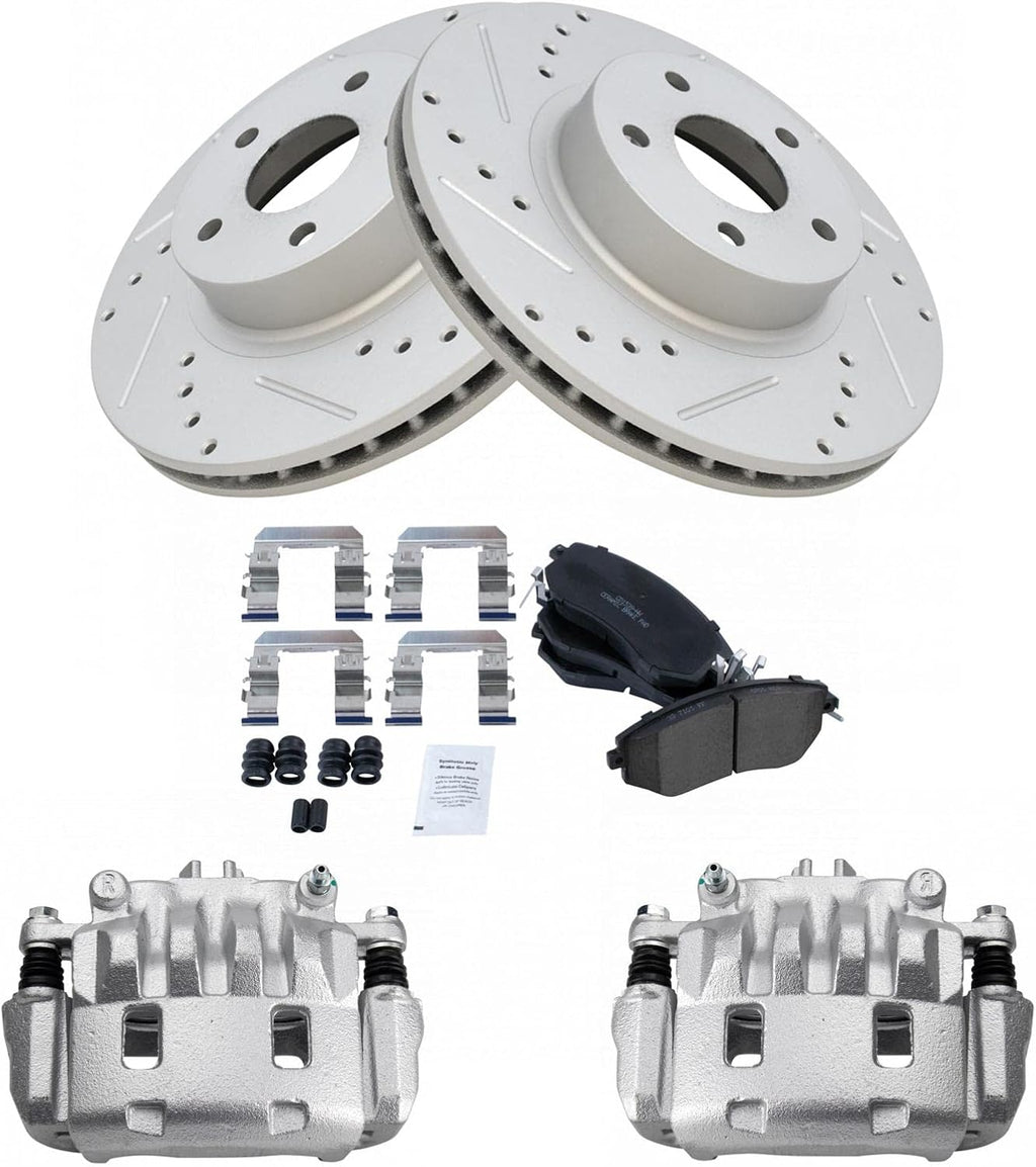 TRQ Performance Front Brake Pad and Rotor Set Ceramic Drilled Slotted Coated Rotors Calipers Compatible with 2011-2014 Subaru Impreza