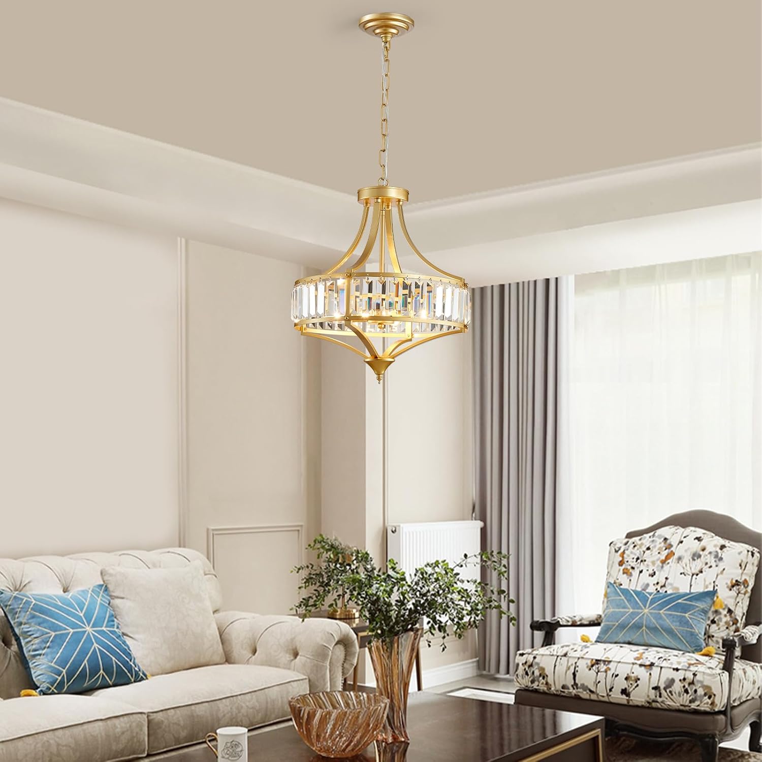 Gold Chandeliers for Dining Room Modern Round Crystal 4 Lights Rustic Pendant Lighting Fixture with Metal Lampshade for Living Room Hallway Bedroom Foyer