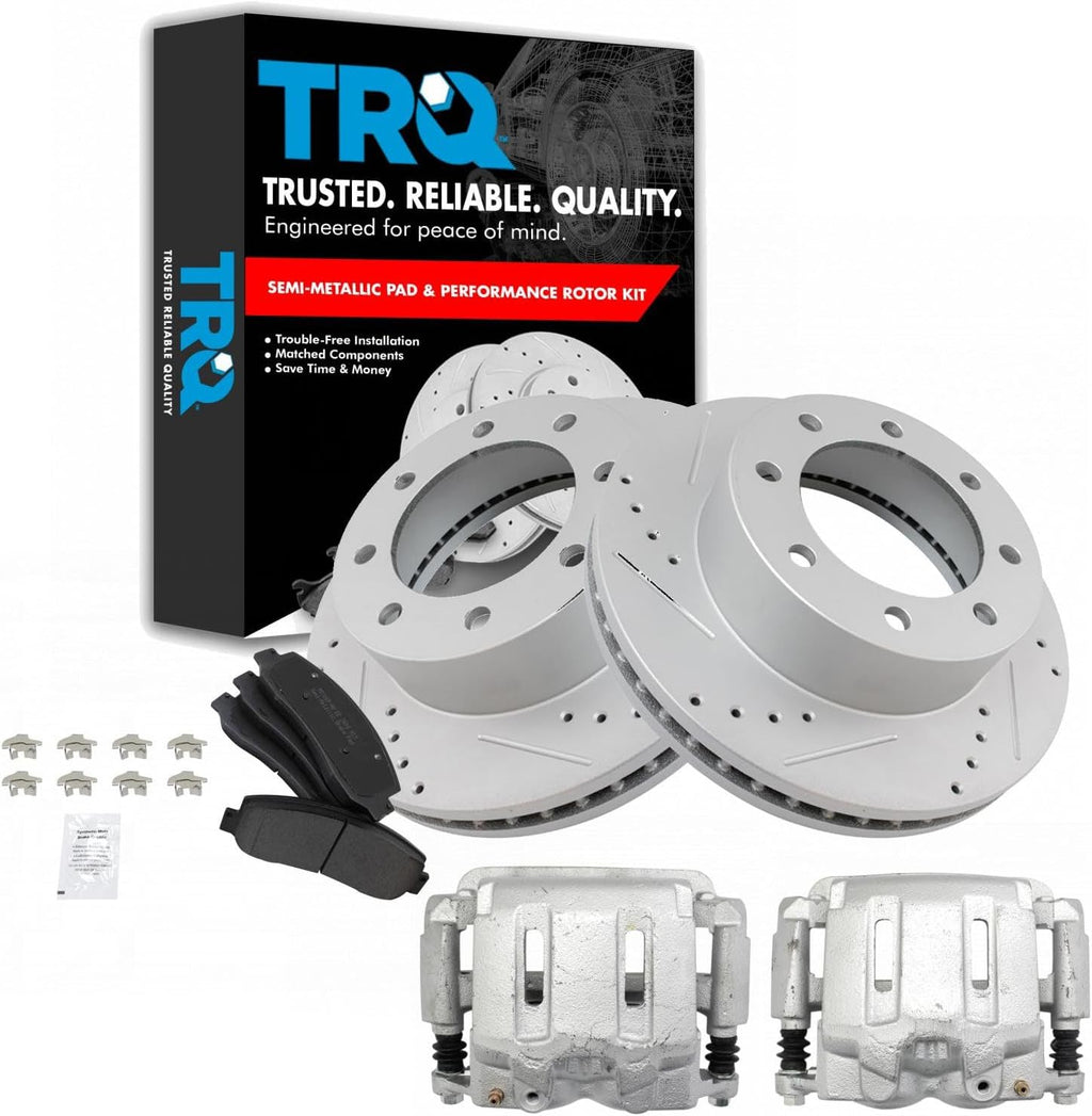 TRQ Front Performance Brake Pad, Caliper, & Rotor Kit Semi-Metallic Premium G-Coated Compatible with 2005-2012 Ford F-250 Super Duty F-350 Super Duty
